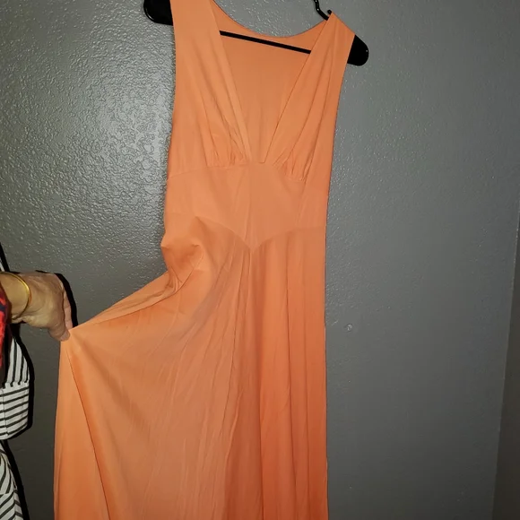 VINTAGE 60/ 70's Maxi Dress Sz 6 V neck sleeveless Tangerine color - Picture 6 of 12